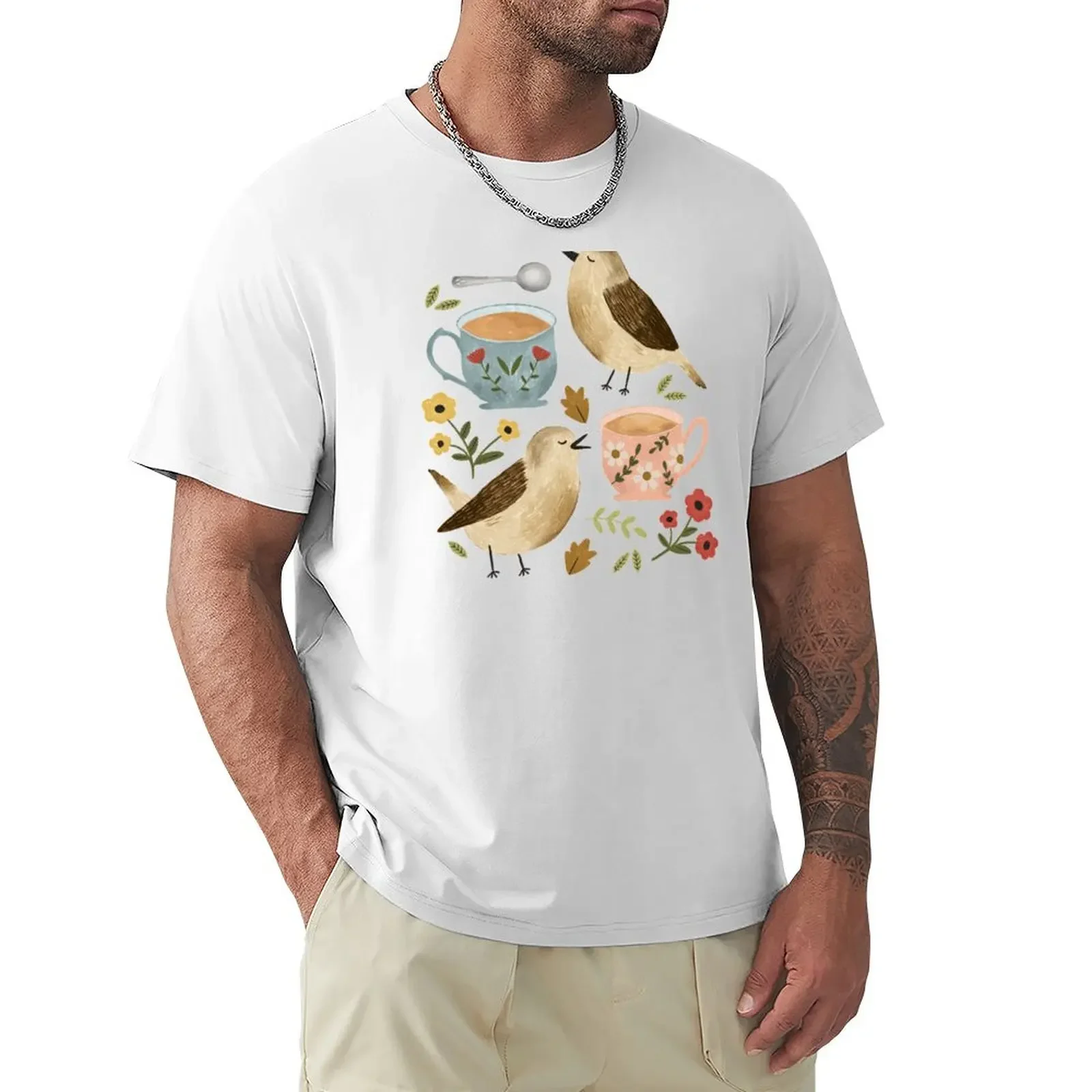 

Birds, Teacups, and Flowers T-shirt cute tops anime clothes Aesthetic clothing kawaii clothes plain white t shirts men