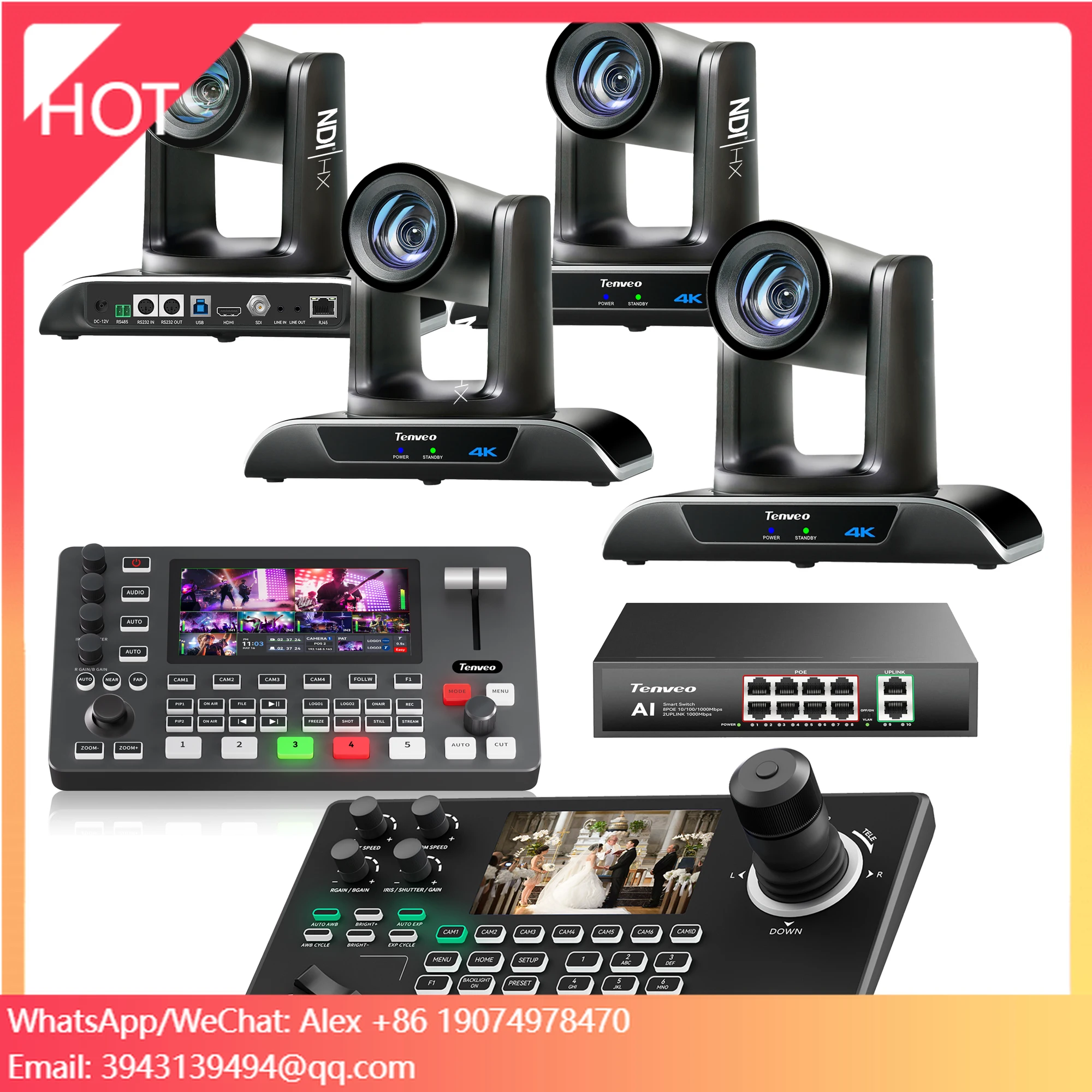 4Pcs 4K NDI 20x Zoom PTZ Conference Camera USB++3G-SDI+POE | PC500 Mixer Switcher | Camera Controller | 8-Port POE Switch