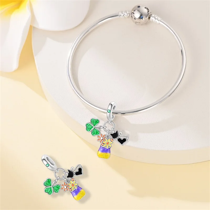 925 Sterling Silver Oil Painting Black Cat Vase Charms Beads Zircon Dangle Fit 3mm Original Bracelet DIY Women Party Jewelry Gif