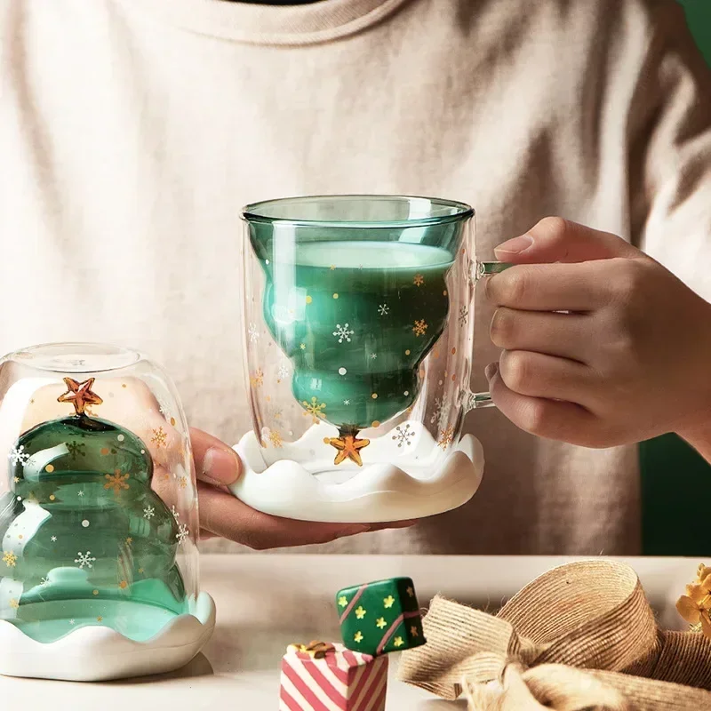 300ml Christmas Tree Glass Cup Creative Heat-Resistant Double Wall Glass Milk Coffee Mug Snowflake Drinking Cup Christmas Gift