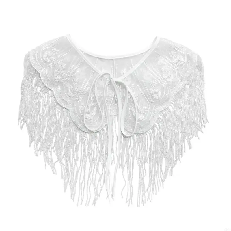 Shoulder Cover Accessory with Embroidered Mesh Fringe Trim and Front Tie for Dress Styling and Formal Layering Y08E