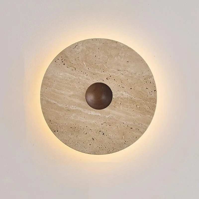 Round Wood LED Wall Lights Fixture Balcony Hallway Staircase Wabi Sabi Yellow Cave Stone Wall Lamp Sconce Lamparas De Pared