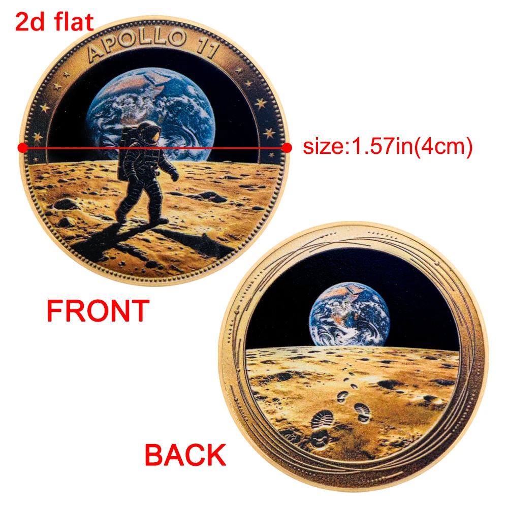 Apollo 11 Lunar Landing Coin Double Sided Moon Surface Astronaut & Footprint Earth View Vintage Gift for Astronomy Collectors