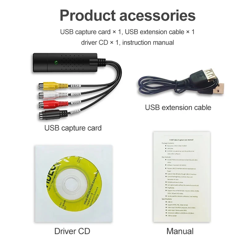 USB Audio Video Capture Card Adapter with USB Cable USB 2.0 to RCA Video Capture Converter For TV DVD VHS Capture Device