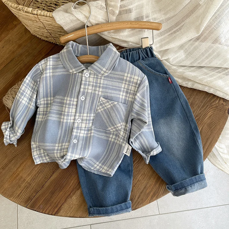 New autumn collection: boys' plaid shirt set, long-sleeved shirt for babies and toddlers, spring and autumn long-sleeved two-pie