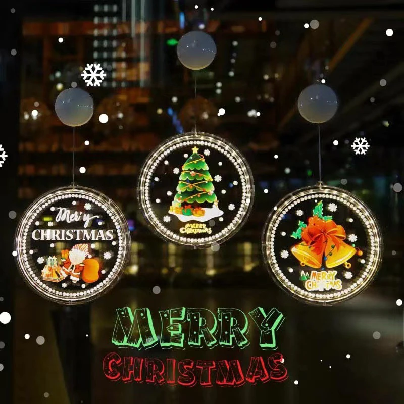 Battery‑Operated Christmas Window Hanging Lamp Round LED Suction Cup Decor Light with Santa,Tree,Bell,Snowman Patterns Indoor
