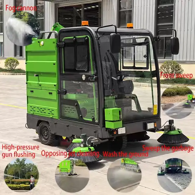 3-Wheel Fully Enclosed Electric Ride-On Road Sweeper | Water Spray Function Pavement Cleaner Customizable