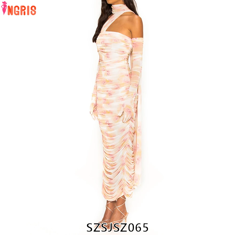 

Fashion Wholesale 2025 Modest Elegant Party Dress Mesh Bodycon Pleated Women Ladies Dinner Evening Dresses-SZSJSZ065