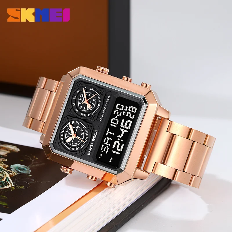 SKMEI Genuine Men's Electronic Watch Square Countdown Mary Gold Stainless Steel Strap 4 Time Timer Alarm Clock EL Luminous 2204