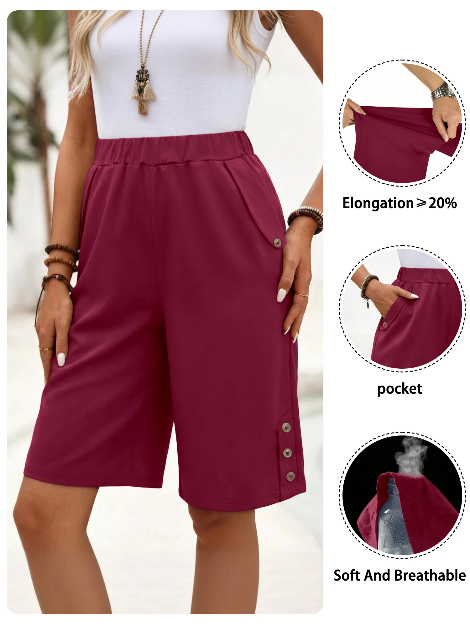 Damen Sommer-Shorts mit hoher Taille, elastischem Bund, lockerem, weitem Bein, knielang, lässige Hose mit Taschen und seitlichen Knöpfen – Detail 5