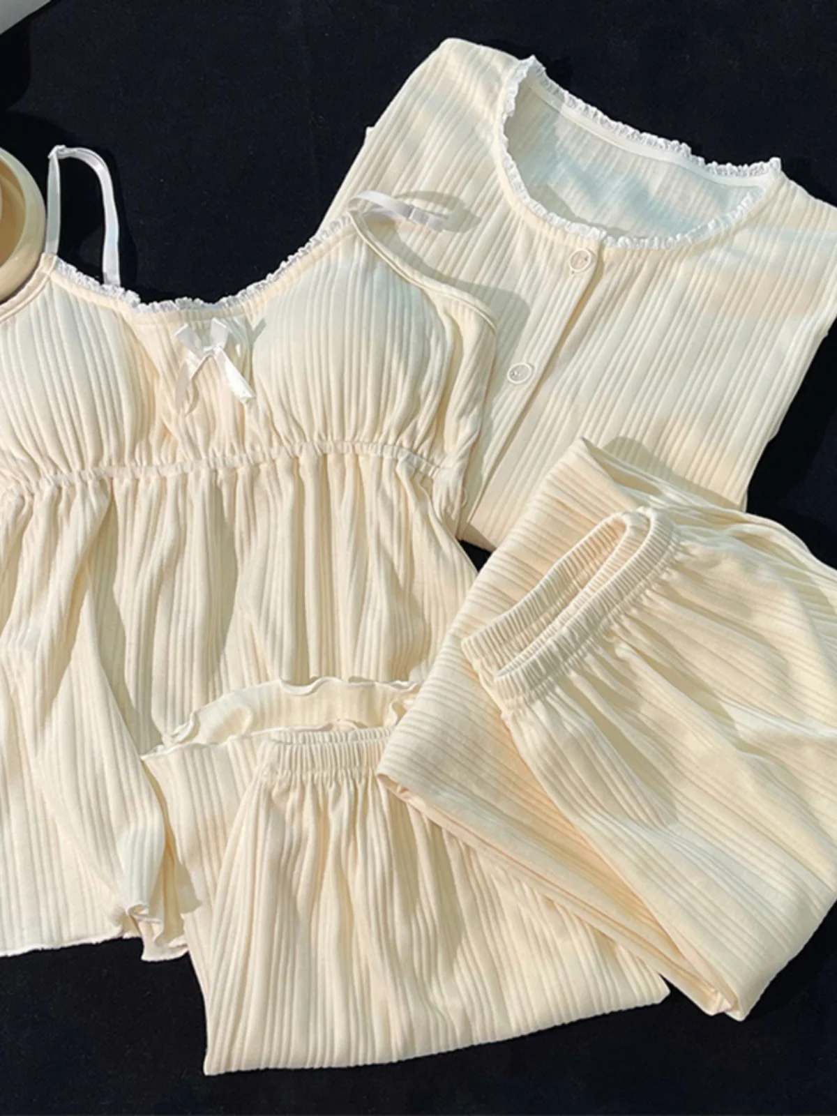 Pure Cotton Sleepwear Women's Long Sleeve Home Clothes Set with Chest Pad Apricot Spring Autumn Three Piece Set Winter Home C...