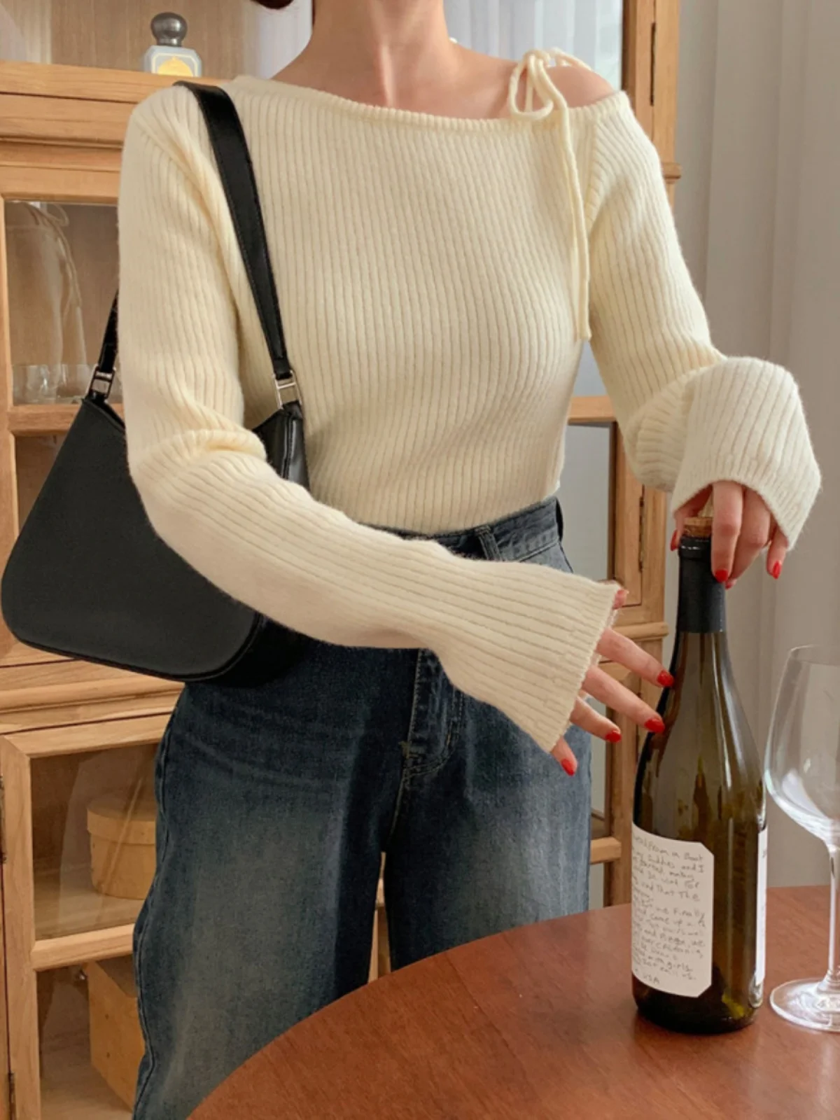 

Женский трикотаж Ele oulder Bared Long Sve, осенний модный шикарный слиповый корейский облегающий вязаный свитер