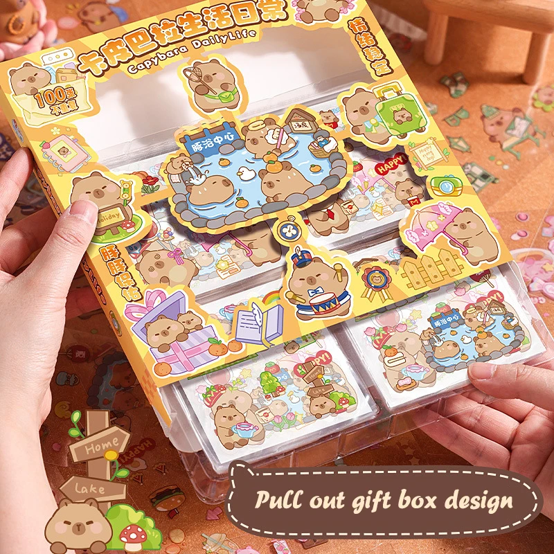 100Sheets Cute Notebook Decoration Stickers Fashion Trendy Capybara Animal Stickers Waterproof Hand Account Stickers Cartoon