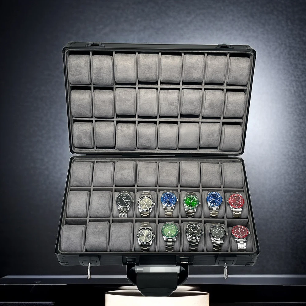 Transparent Display Aluminum Green Men Watch Box Large Tray Travel Storage Holder Premium Luxury Gift Case