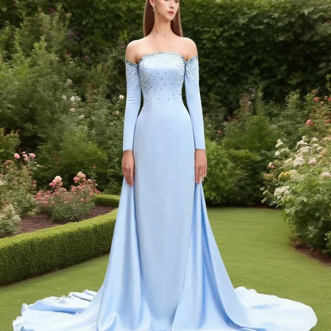 

Customized modern-style sky-blue strapless full-sleeve beaded women's formal evening party dress