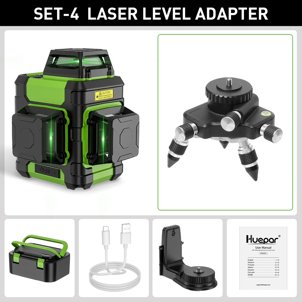 Huepar 3x360 ° Laserwaterpas met groene laserstraal, 12 lijnen, zelfnivellerend, kruislijnlasersysteem met pulsmodus & harde draagtas