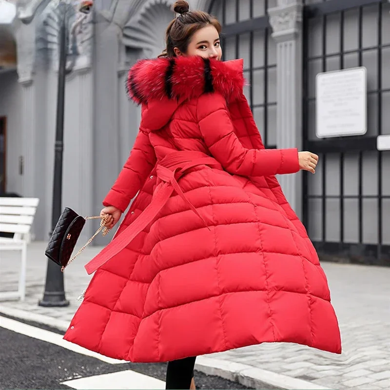 Fashionable and Casual Large Fur Collar Slim Fit Thick Cotton Jacket  Winter New Women\'s Long Over The Knee Down Cotton Jacket