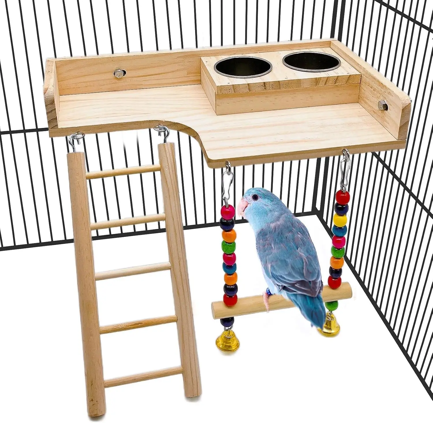 

Bird Perches Platform with Climbing Ladder and Swing,Parrot Cage Playground Toys Food Cups Playing Gyms Wooden Exercise Training