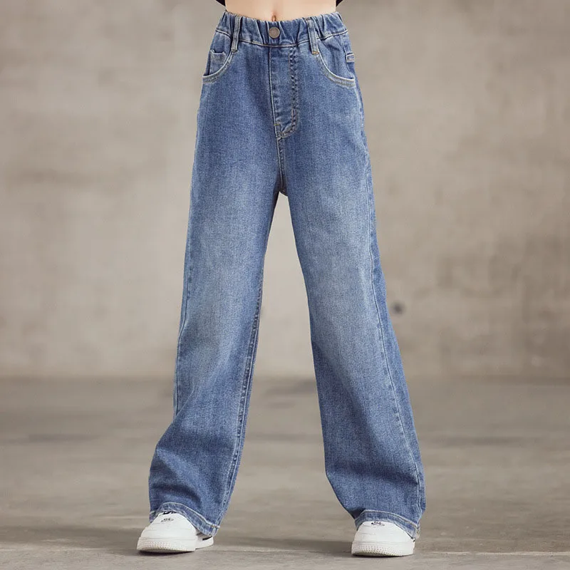 Spring Kid\'s Jeans 3-9Y Cute Girls Solid Color Loose Wide Leg Pants Childrens Outwear Denim Trousers