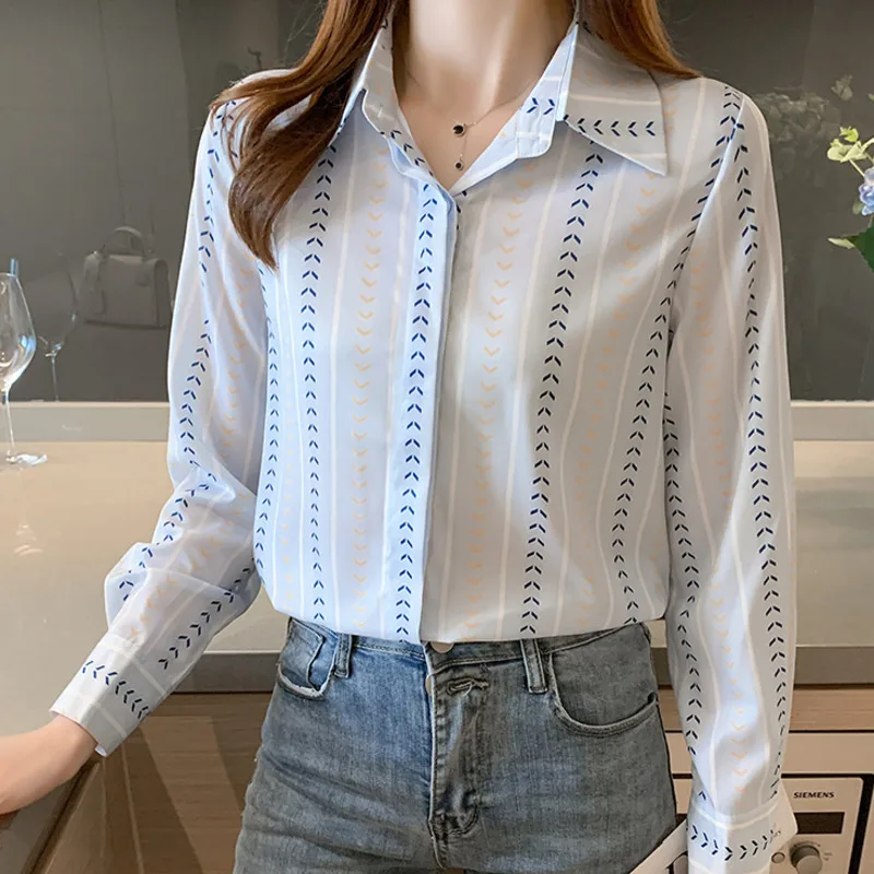 #3157 Spring Office Satin Shirt France Style Chiffon Printed Striped Long Sleeve Shirt Women Elegant Ladies Tops And Blouses 