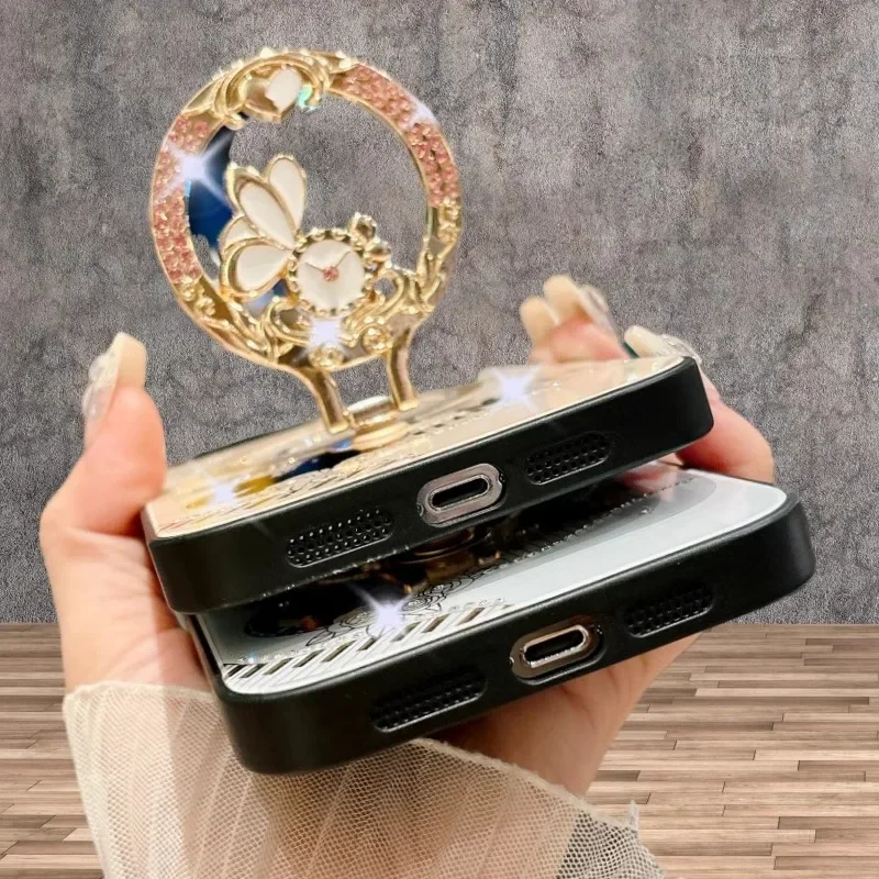 Блестящий бриллиантовый держатель с рисунком кролика Магнитный чехол для телефона iPhone 16 15 14 13 Pro Max с тонким отверстием Магнитный жесткий чехол для зарядки