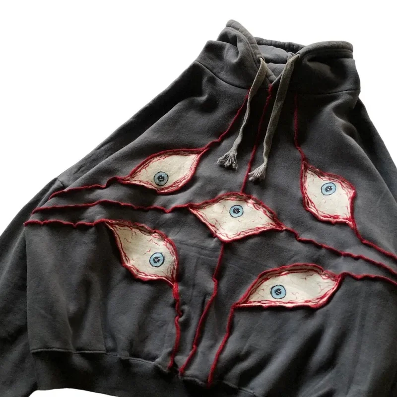 American retro street Demon Eyes Embroidery hoodie for Men Winter y2k Goth punk Harajuku fashion oversized sweatshirt