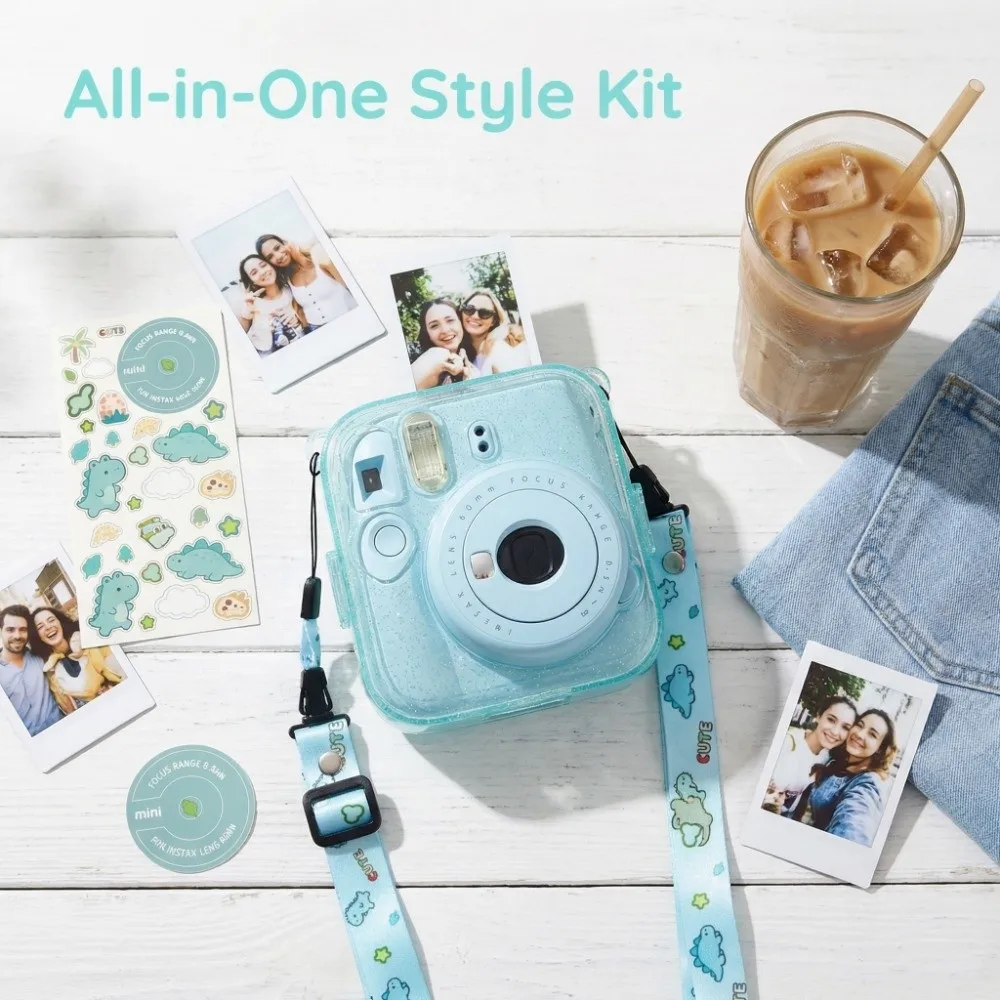Translucent Glitter Instant Camera Case 3 in 1 Adjustable Strap Protective Cover Shockproof for Fujifilm Instax Mini 13