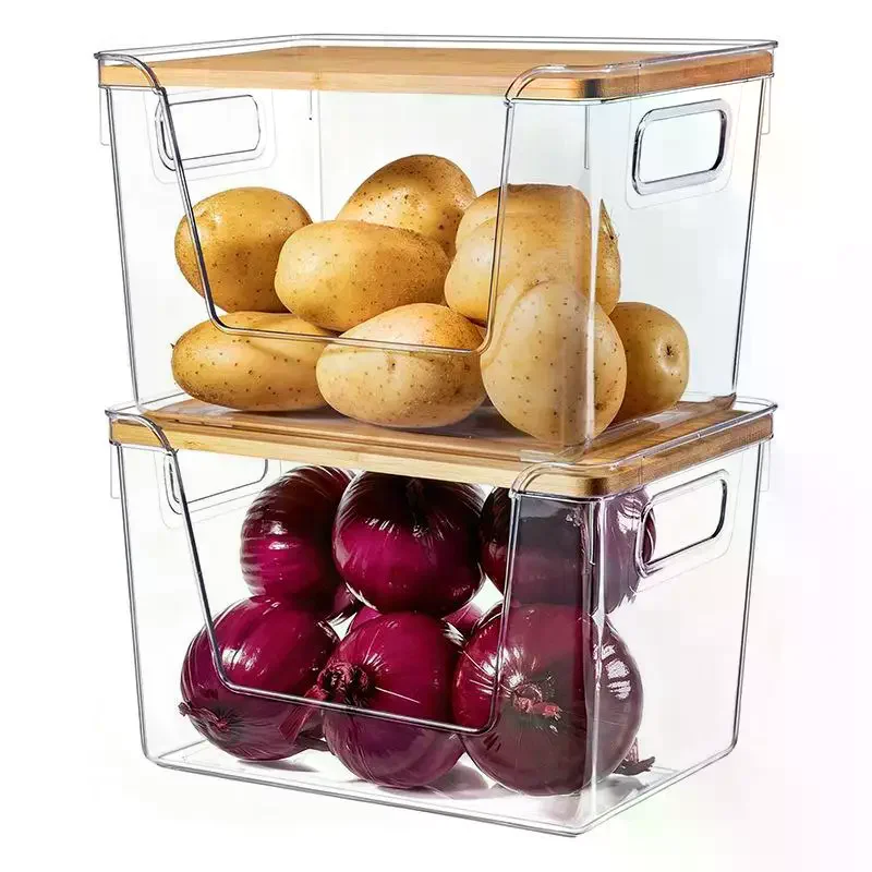 Pantry Organizers With Wooden Lids Kitchen Storage Clear Bins Under Sink Organizer For Onion Potato Fruit Vegetables Stackable view 3