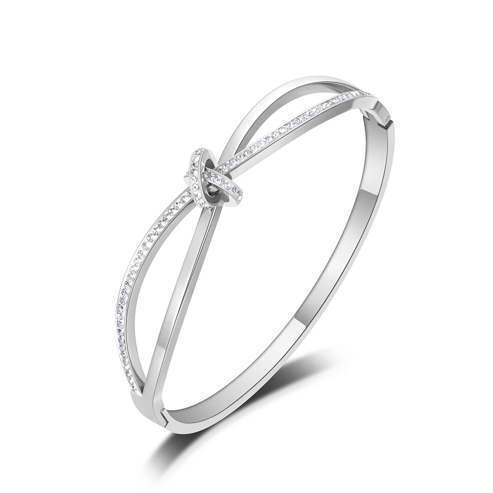 Lokaer Sparkling Design Mosaic CZ Crystal Cross Bow-knot Bangle Bracelet Jewelry Titanium Stainless Steel Wedding Bangle B19094