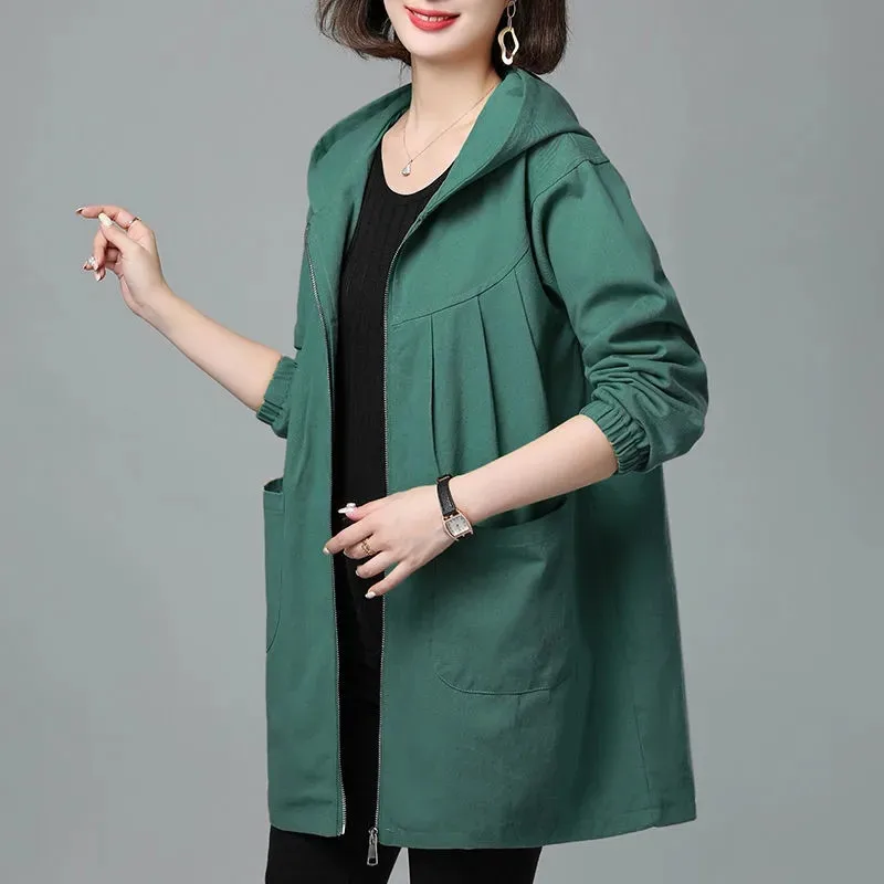 Double Layer Women Windbreaker 2023 New Spring Autumn Loose Mid-Length Hooded Trench Coat Mother Fashion Cotton Lining Tops 4XL