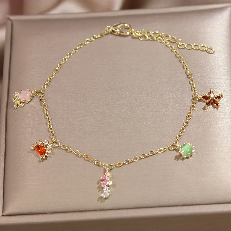 Ins Hot Sale Multicolor Opal Dolphin Charm Bracelets for Women Delicate Crystal Fish Star Chain Bangles&bracelets Girl Gift