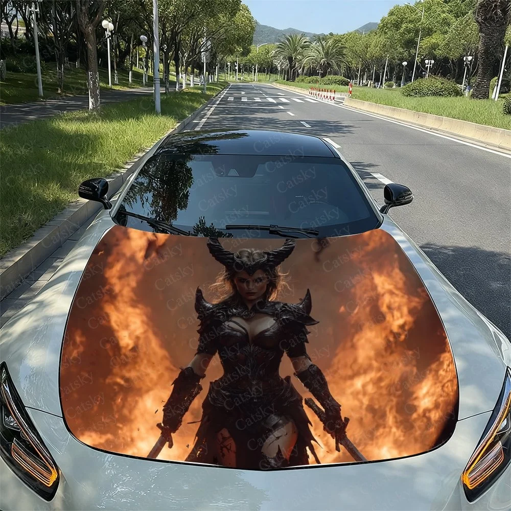 Warrior Wings Woman Car Hood Sticker PVC Self Waterproof Stick, Striking Auto Exterior Accessories Decor Protect Gift for Lover