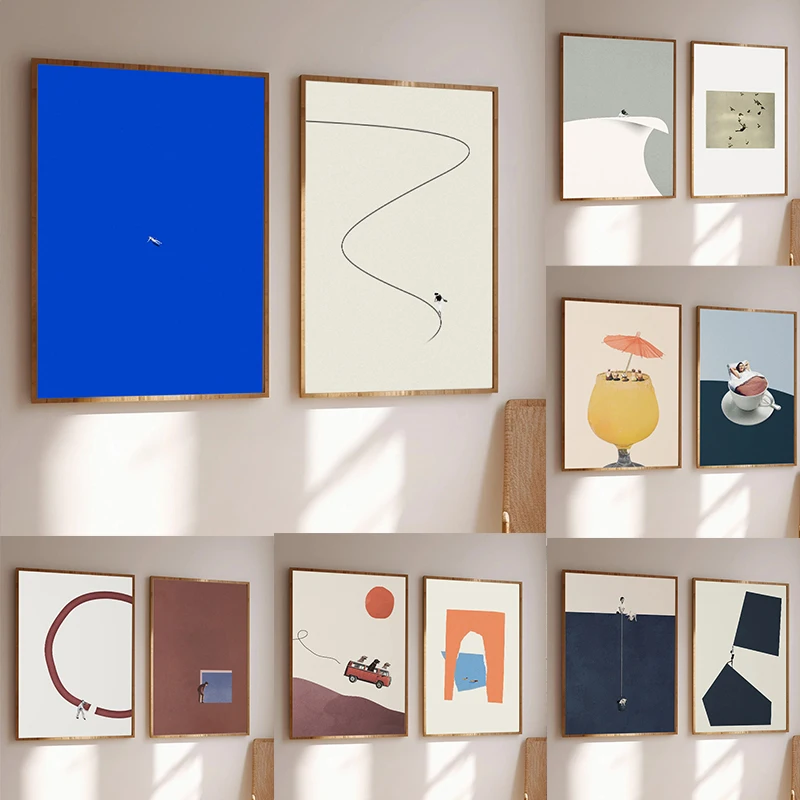 (No frame)Abstract You and Me Alone Curiosity Funny Whimsy Print Canvas Painting Japandi Minimalist Wall Art Living Room Home