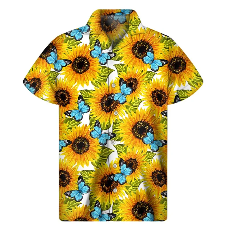 Camisa estampada com plantas 3D masculina, girassol, clássica, manga curta, férias de verão, tops respiráveis, camisas havaianas, moda