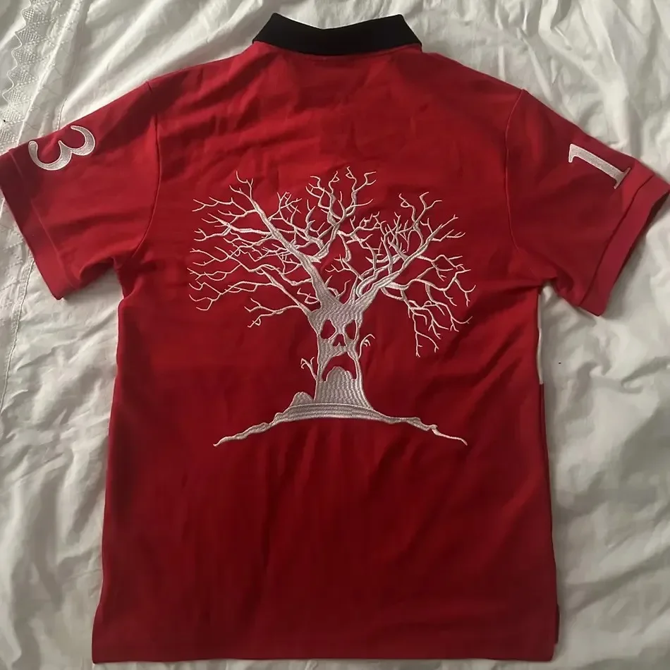 

NEWHaunted Mound вышитая красная рубашка поло в стиле хип-хоп ретро тыквенная голова с буквенным принтом негабаритная футболка с короткими рукавами для мужчин и женщин