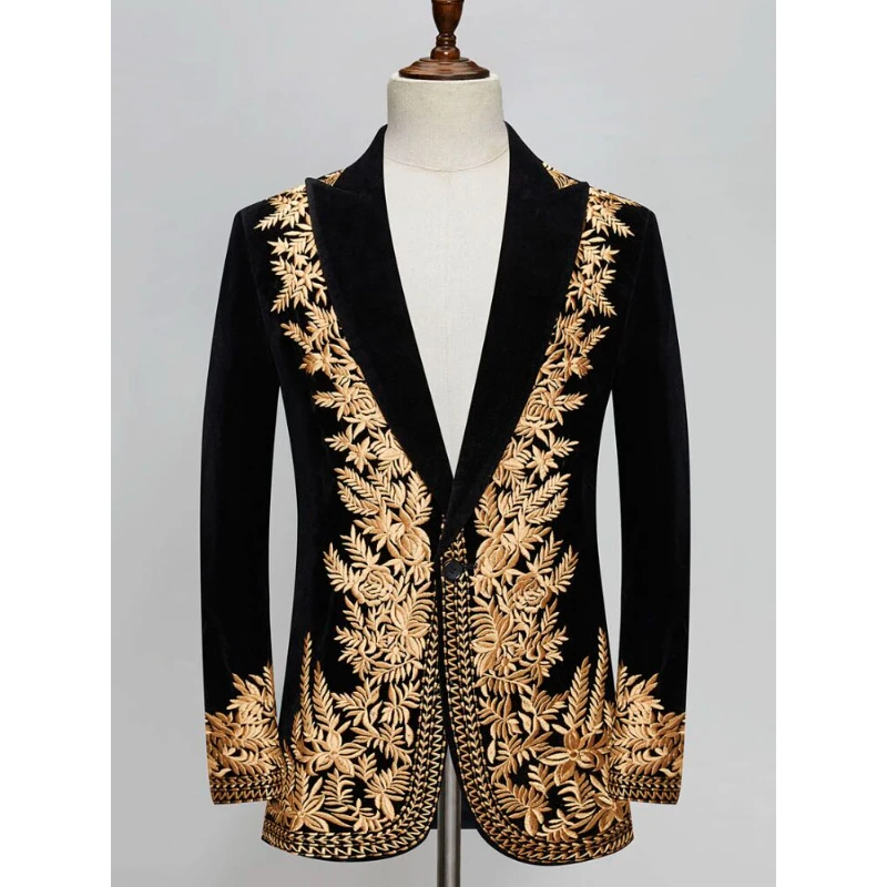 

Fashion Peaked Lapel Centipede Flower Full Embroidery Silm Suit Outwear Stage Vintage Host Male Singer Performance Blazer