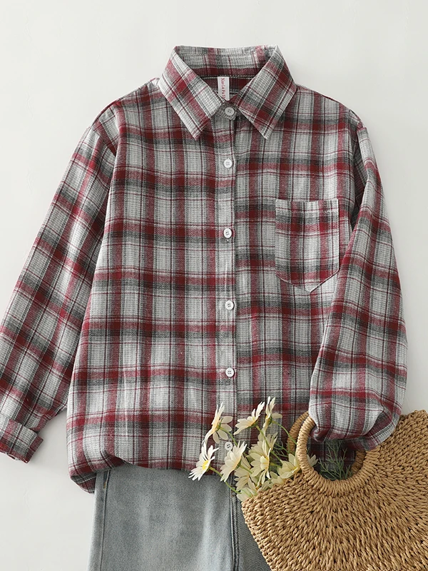

Retro Plaid Brushed Collar Long Sleeve Women's Shirt Oversized Open Cardigan Outerwear Layering Outerwear Autumn Season