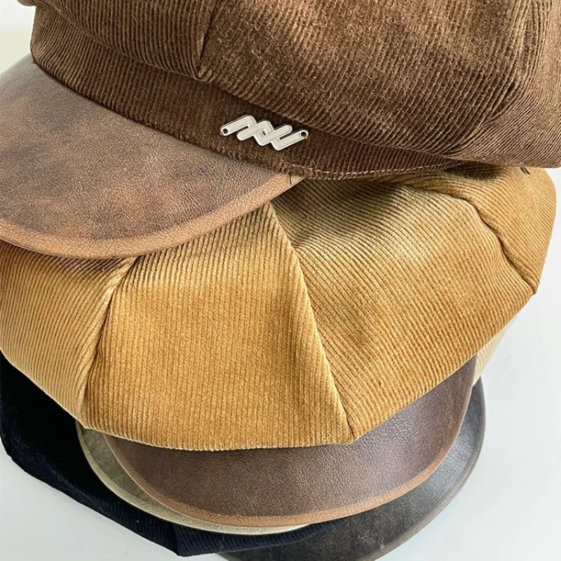 Korean Ins Leather Brim Splicing Retro Octagonal Hat Autumn and Winter Corduroy British Men\'s and Women\'s Warm Newsboy Caps