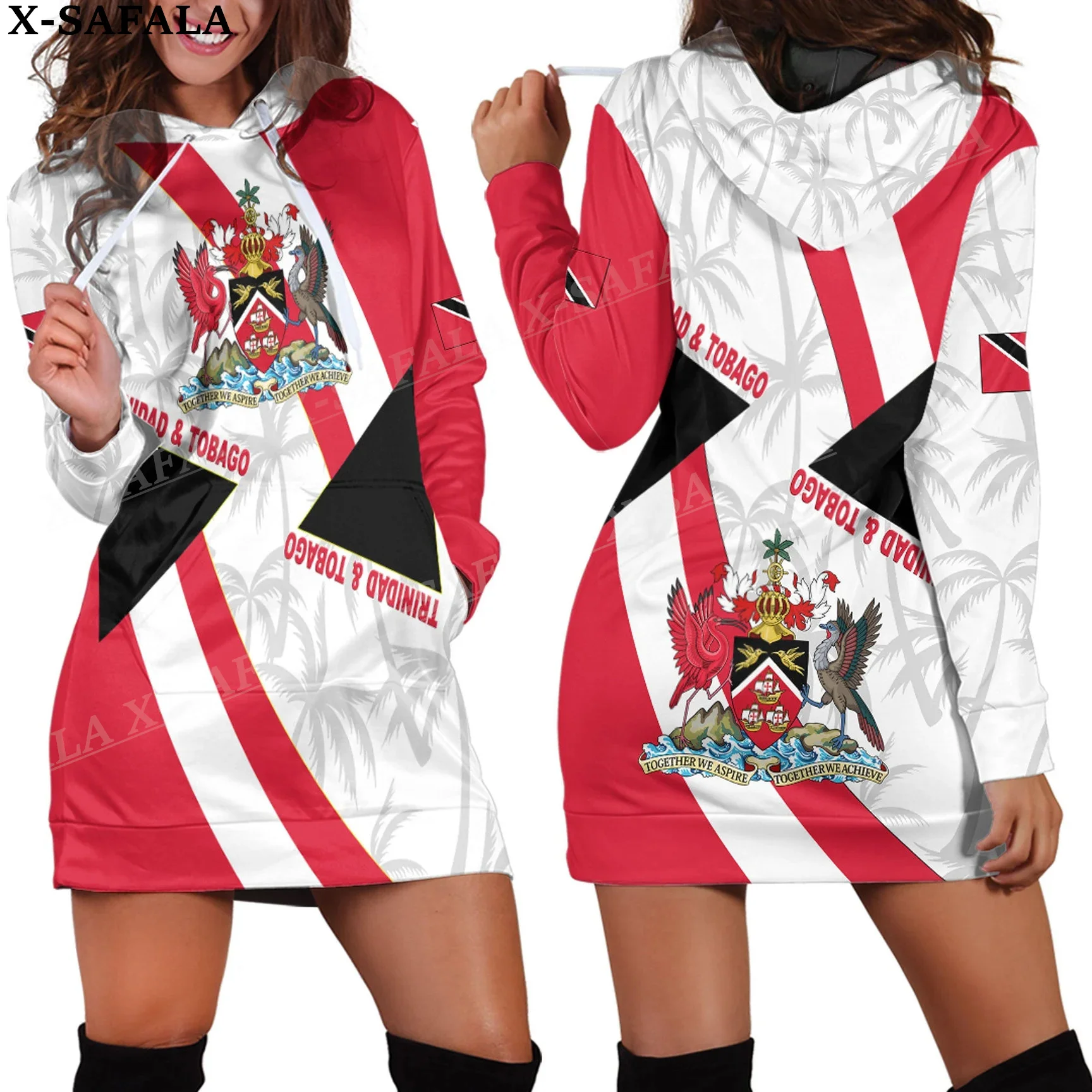 Trinidad and Tobago Coat Of Arms Print Fashion Slim Hoodie Dress Women Casual Wear Long Sleeve Hooded Sweatshirt Pullover-1