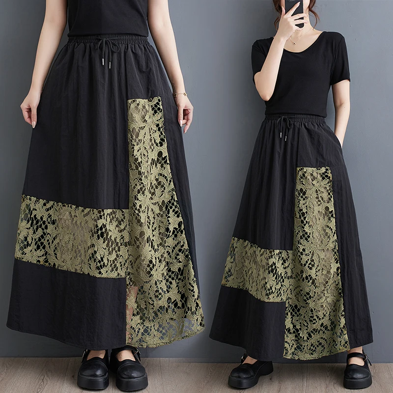 

plus Size Summer New Arrival Lace A-Line Midi Skirt Casual Loose Fit High Waist Long Skirt Faionable Splicing Design Commut...