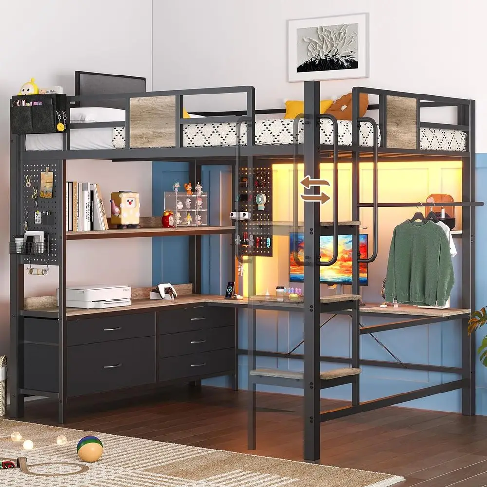 

Full Loft Bed with Desk and 5 Storage Drawers, Loft Bed Full Size with Desk,1 Bedside Organizer,Removable Ladder,LED Lights and