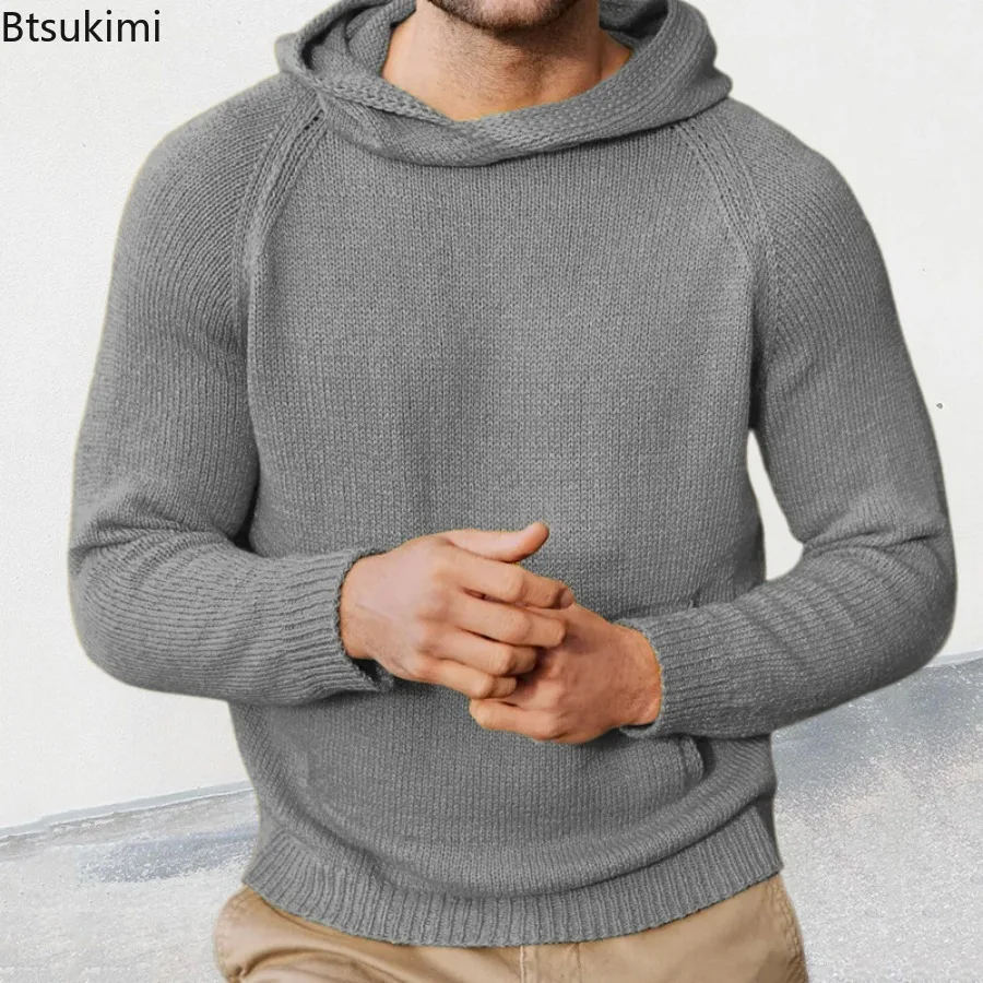 2024 Men's Solid Knitted Sweater Shirts Autumn Winter Long Sleeve Jumper Pullovers Men Clothing Hooded Knitted Sweater Tops Male