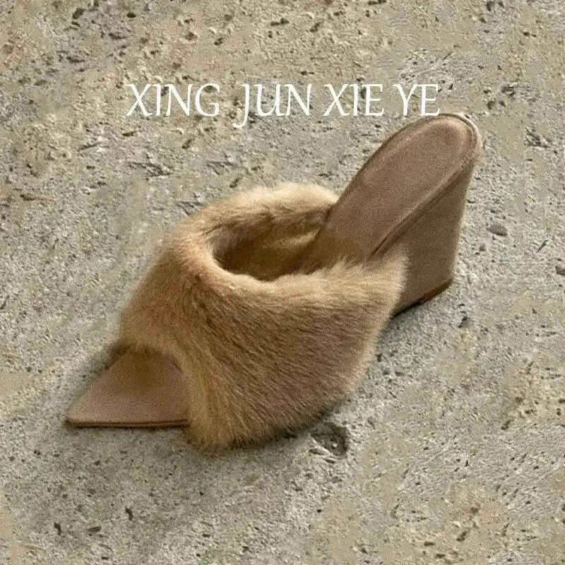 

Women Wedge Slipper 2025 Autumn New Pointed Toe High Heel Furry Slippers Women's Open Toe French Wedge Heel Casual Fashion Shoes