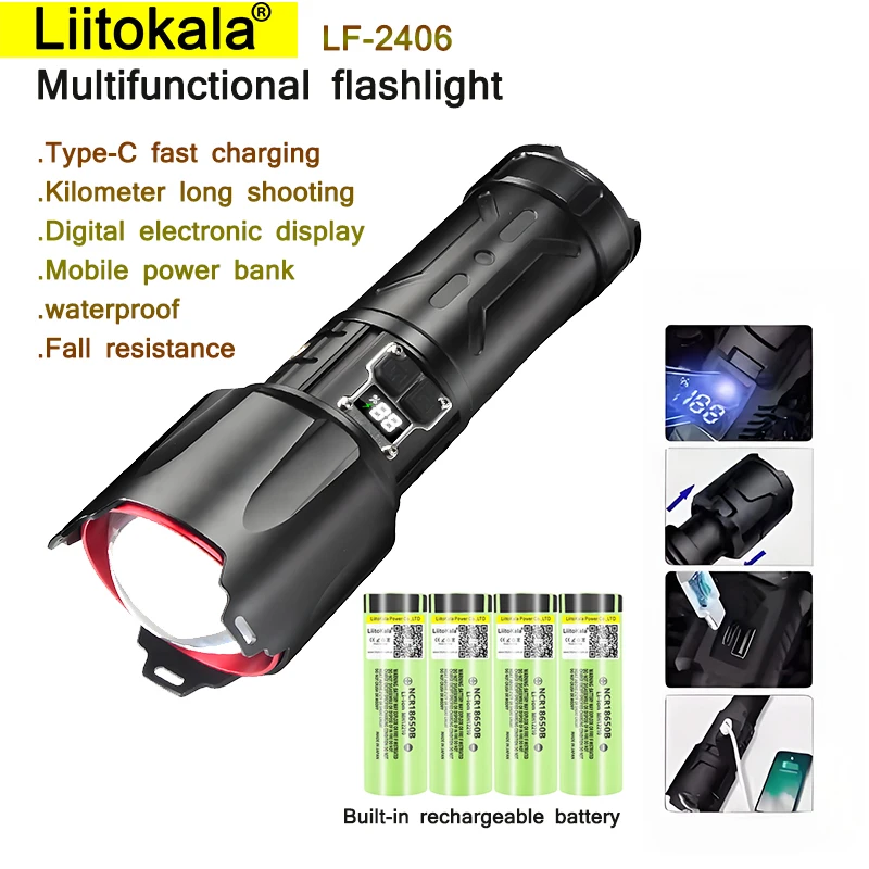 

LiitoKala LF-2406 flashlight, built-in 4PCS 18650 battery, Type-C charging USB output strong light digital display.