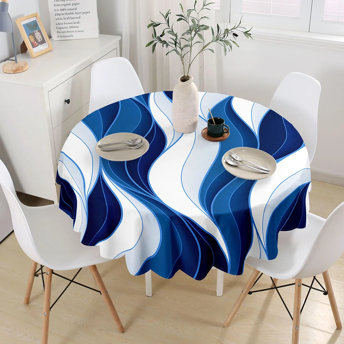 Round or rectangular decorative tablecloths, blue and white striped printed tablecloths