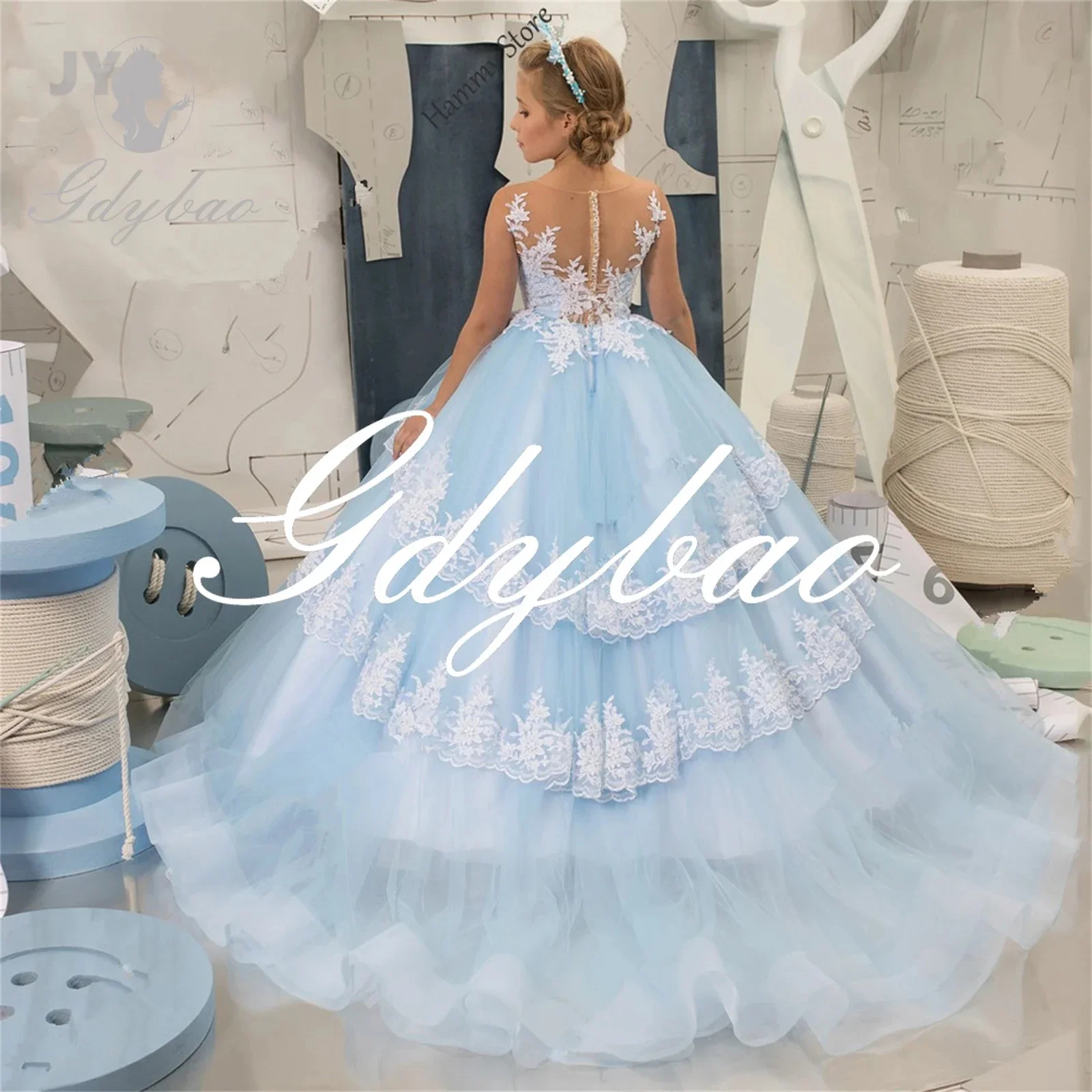 Tulle Skirt Contrast Lace Princess Shoulder Flower Girl Dresses for Dance Performances Wedding Ceremonies Parties Birthday