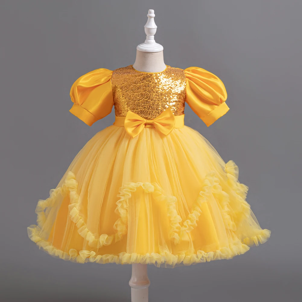 Yellow Bubble Sleeves Girl Princess Dress Sparkling Sequins Children\'s Birthday For 2 to 10 Years Ball Dress Party Wear