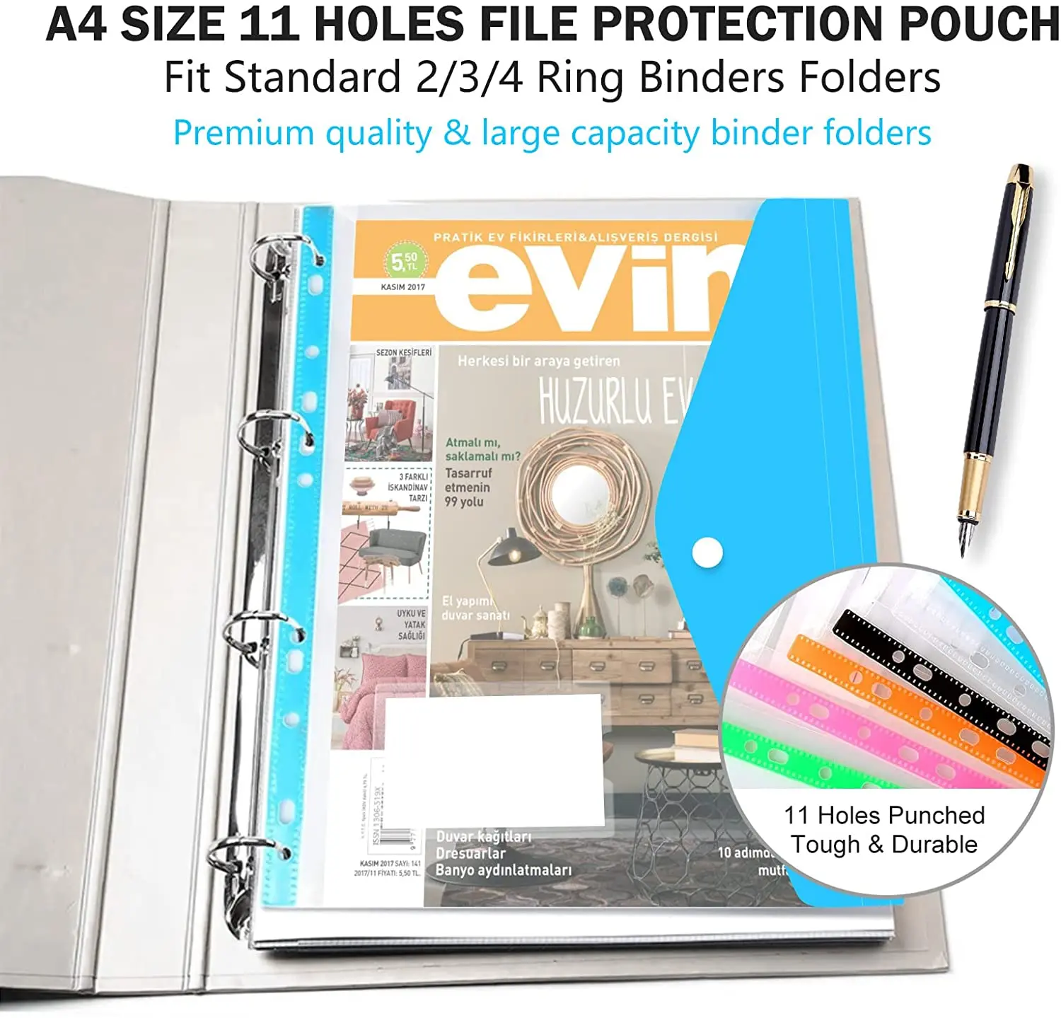 A4 Size Large File Folders Wallets Colorful Document for School Office, 11 Holes Binder Envelopes Folders Protector Organizer