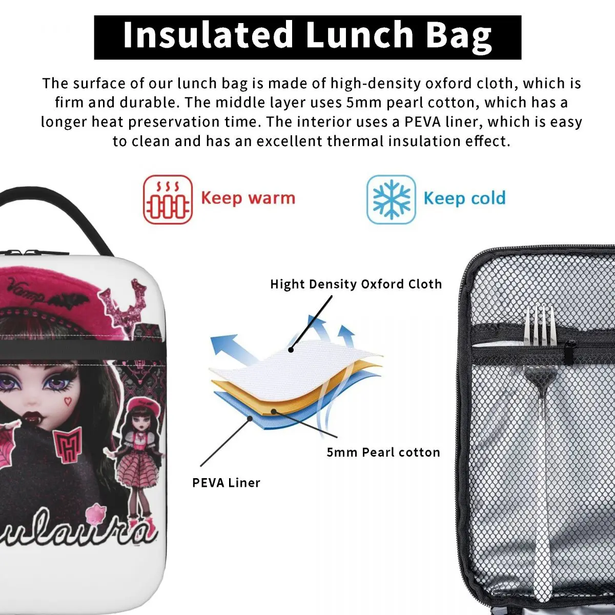 Draculaura-Luncheiras Isoladas, Saco Térmico, Lancheira, Bolsa Alta, Caixa de Alimentos, Bolsas de Viagem Escolar, Monstro