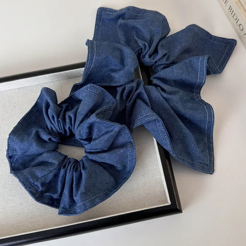 Retro Denim Blue Hair Scrunchies Lady Fashion Square Scarf Headband for Women Temperament Hair Rope Tie Ponytail Rubber Band New